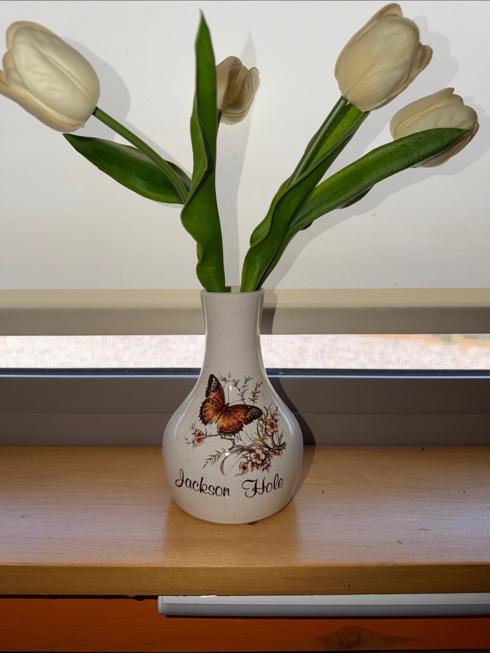 Vintage Jackson Hole Cream Ceramic Butterfly Vase with White Tulips